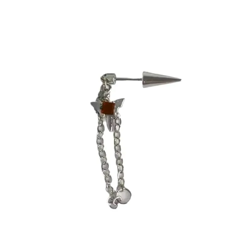 For Women Men Gothic Silver Color Rivet Ear Bone Nail Earring Jewelry Stainless Steel Red Zircon Wing Chain Piercing Earring