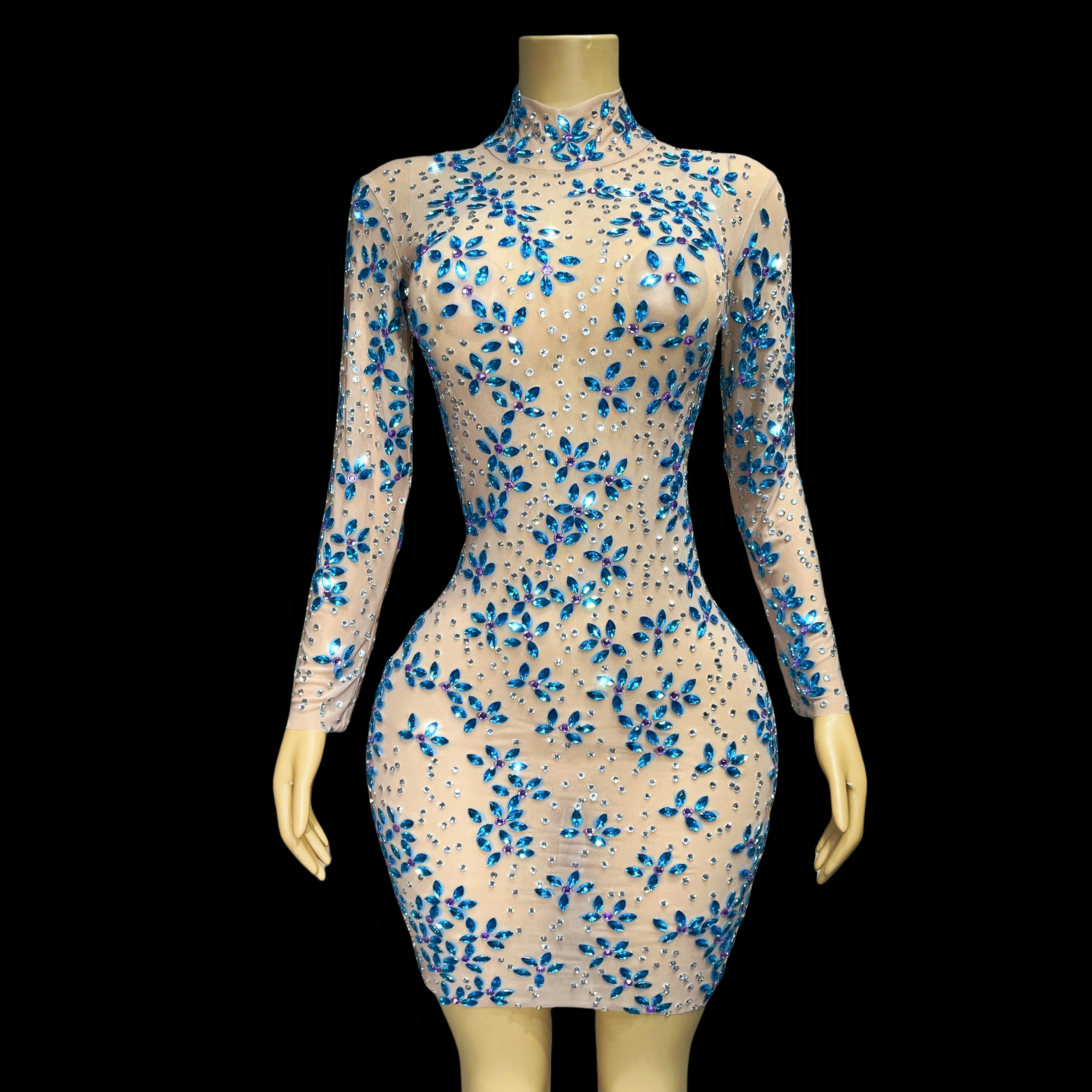 

Blue rhinestone long sleeve nude dress outfit birthday celebration party singer sexy collection outfit shuijinghua