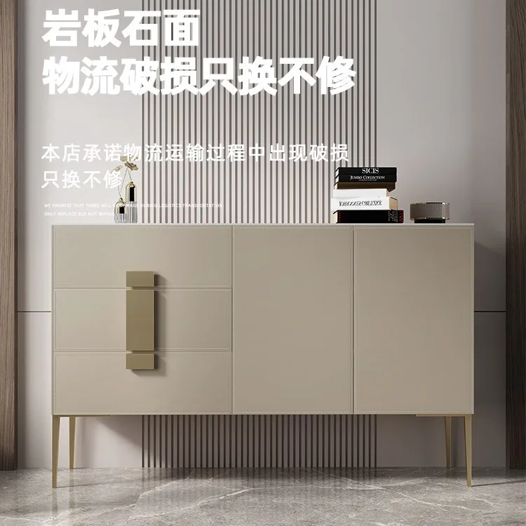 Modern simple side cabinet, light luxury home integration, saddle leather shoe cabinet against the wall, guest restaurant,