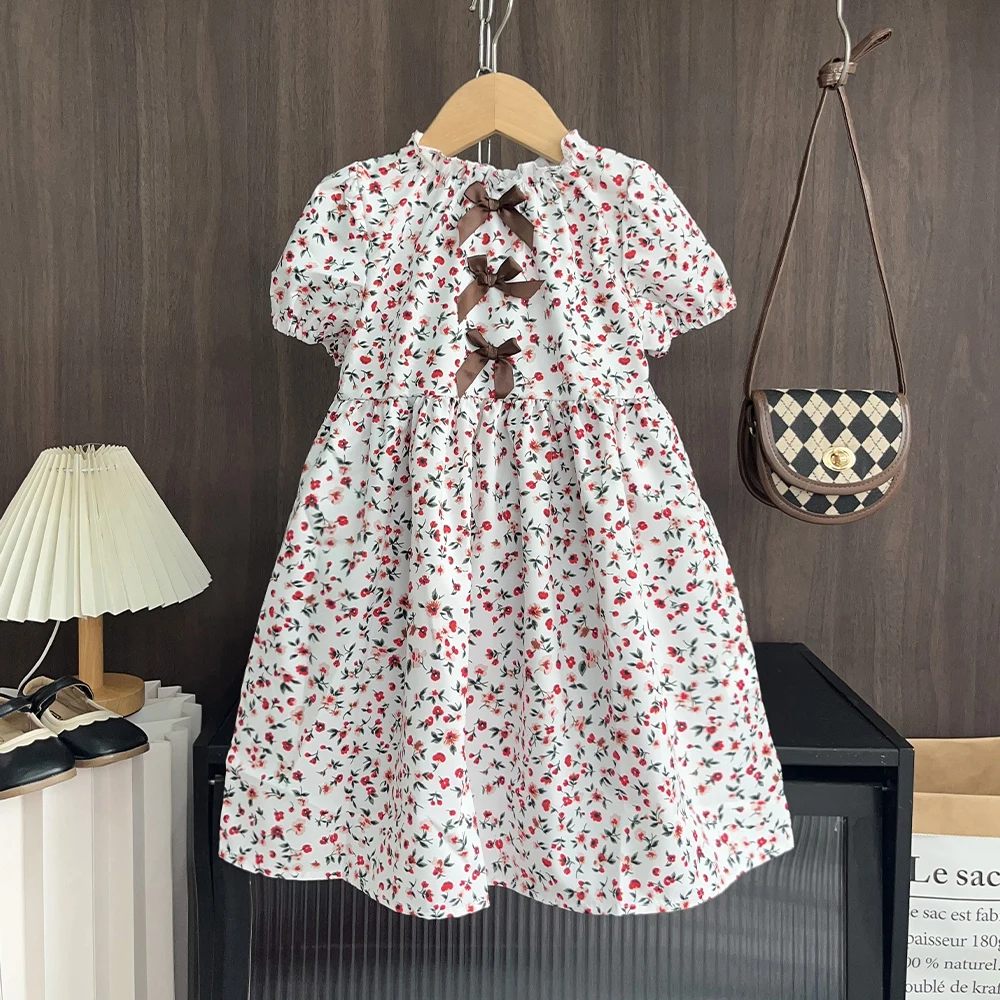 Summer Casual Countryside Style Floral Bubble Sleeve Bow Dress for Girls Aged 3-7 Daily Wear Korean Version