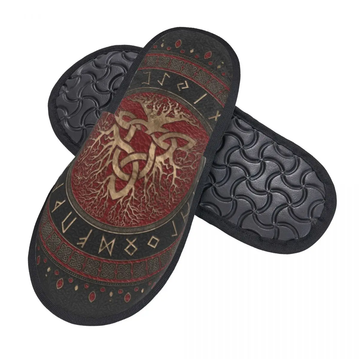 Tree Of Life With Triquetra Black Red Leather And Gold Memory Foam House Slippers Viking Norse Yggdrasil Cozy Warm Sole Slipper