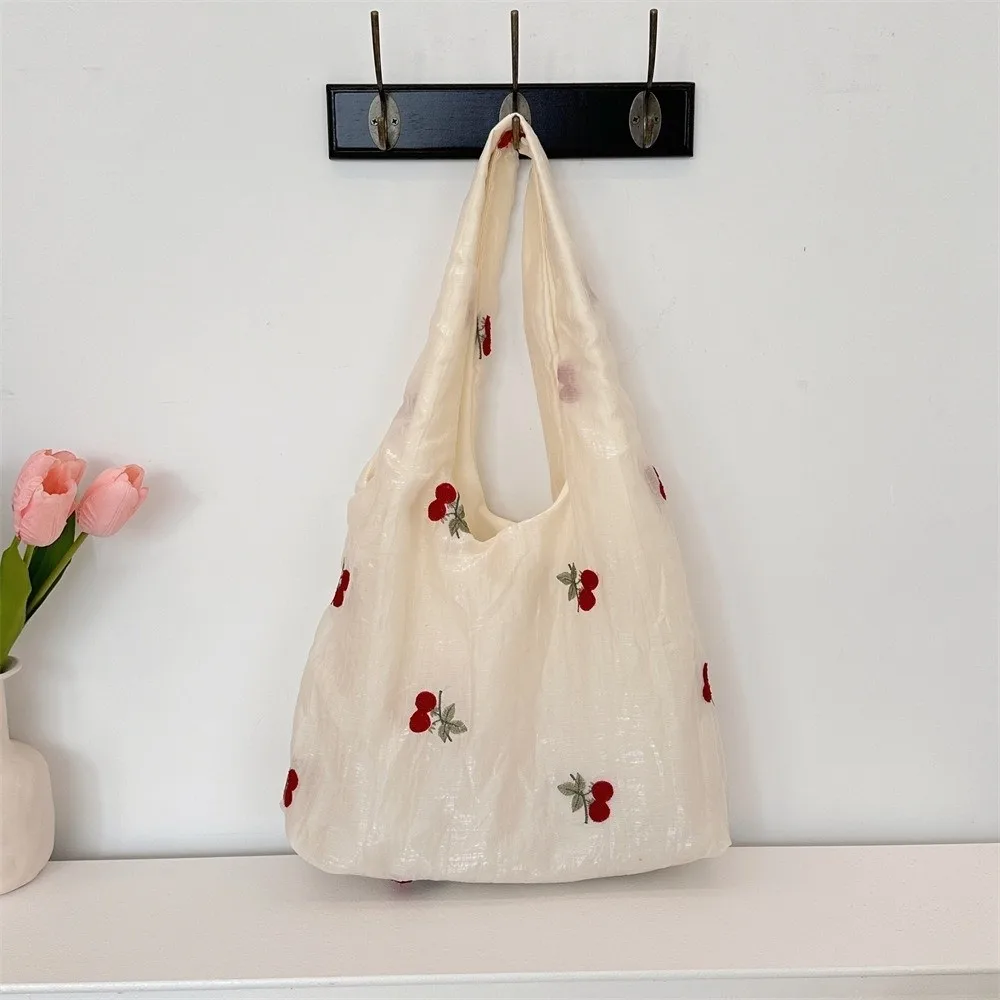 Casual Embroidered Bow Tote Bag Chiffon Korean Style Cherry Shoulder Bag Large Capacity Solid Color Canvas Underarm Bag Handbag