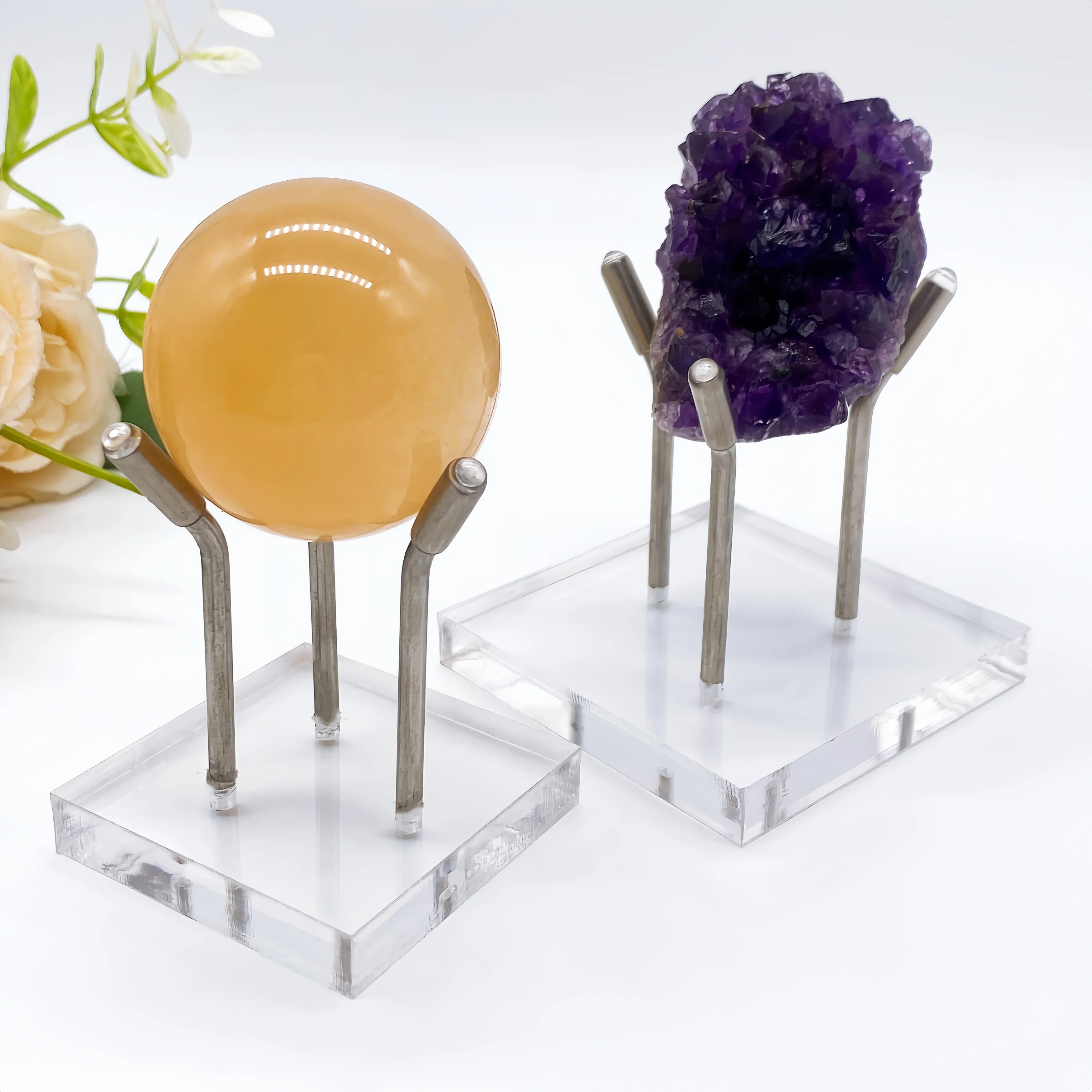 Metal Display Stand with Clear Acrylic Ball Base Crystal Stone Mineral Collectibles Sphere Holder Shelf for Shop Museum Basket