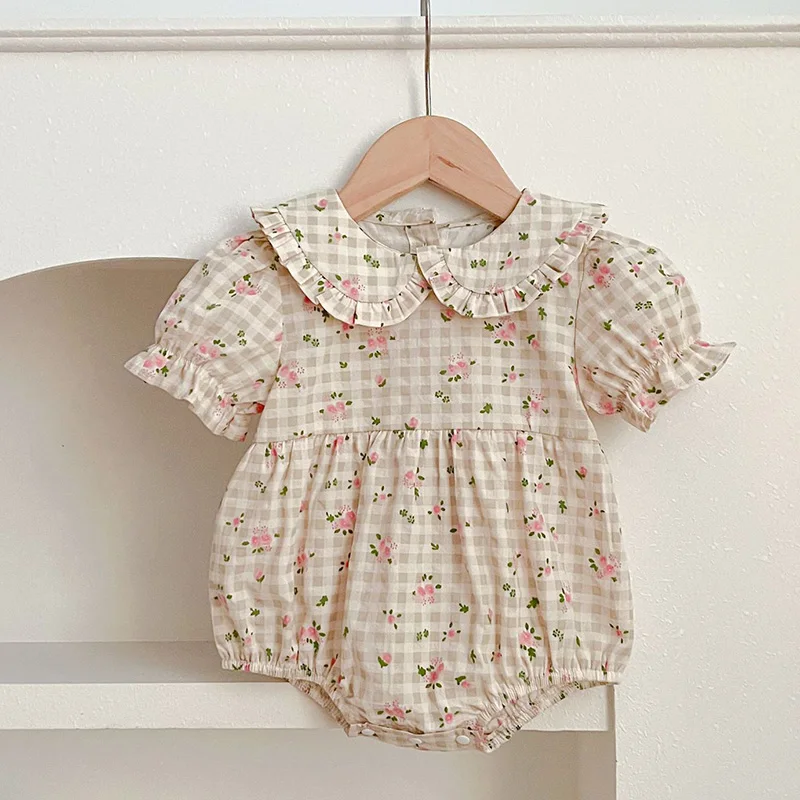 2024 New Summer Toddler Baby Girl Romper Short Sleeved Cotton Flower Print Newborn Baby Girl Jumpsuit 0-24M Children Clothes