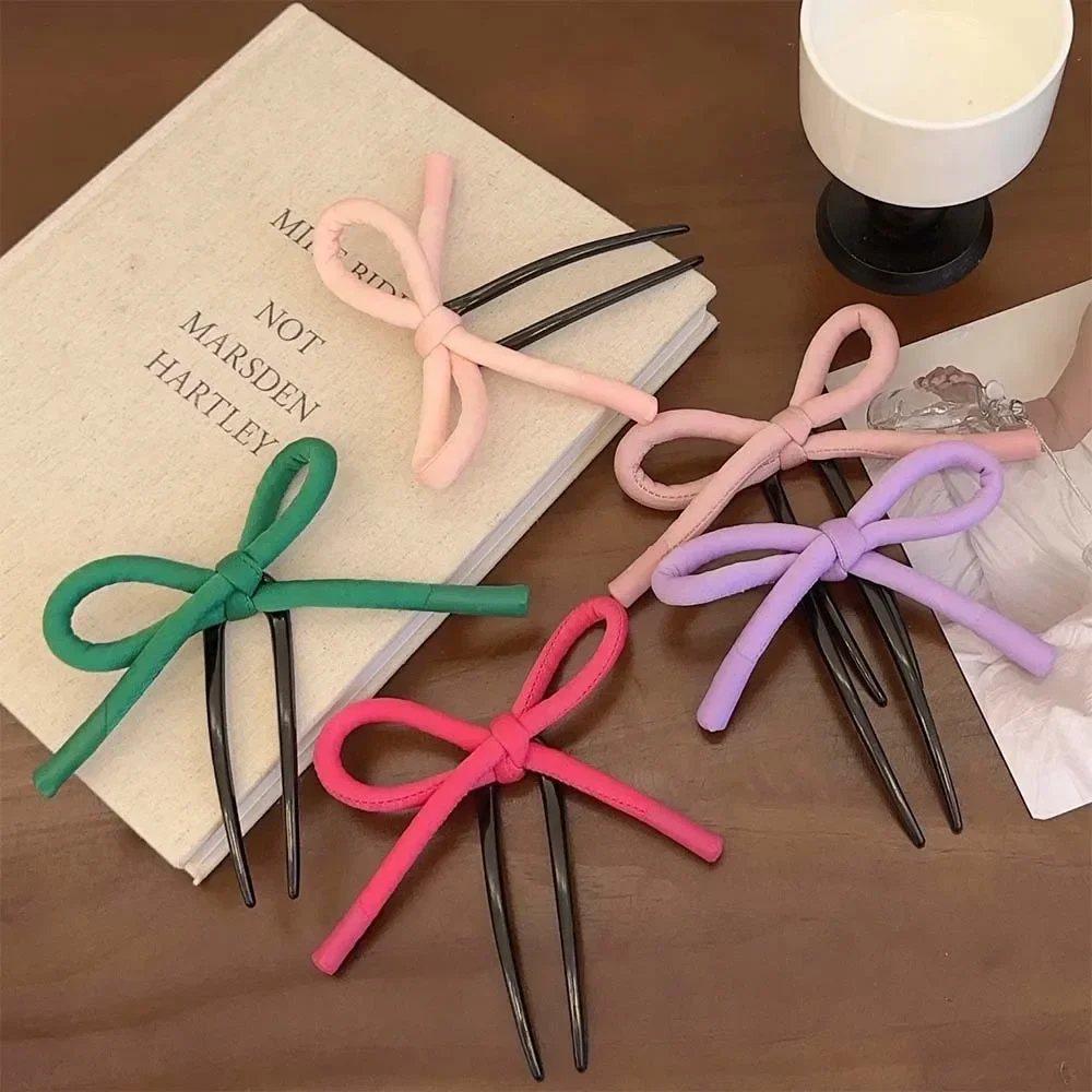 Sweet Cute Big Bow Hair Stick U-shaped Plastic Hairpin for Women Girls Ribbon Hair Clips Bow Top Clip Female Hair Accessories