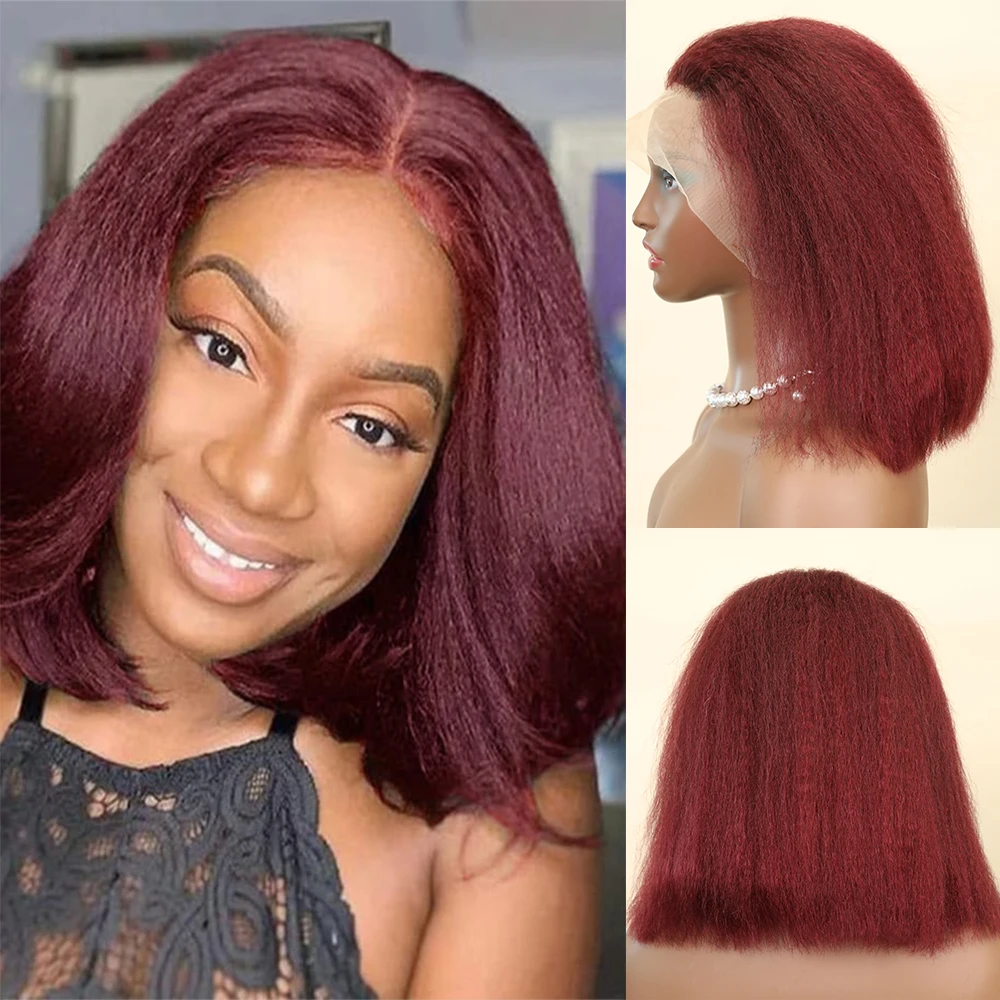 

99J Burgundy Kinky Straight Short Bob Wigs Human Hair Brazilian Yaki Straight 13x4 Lace Frontal Human Hair Wig For Women 14 Inch