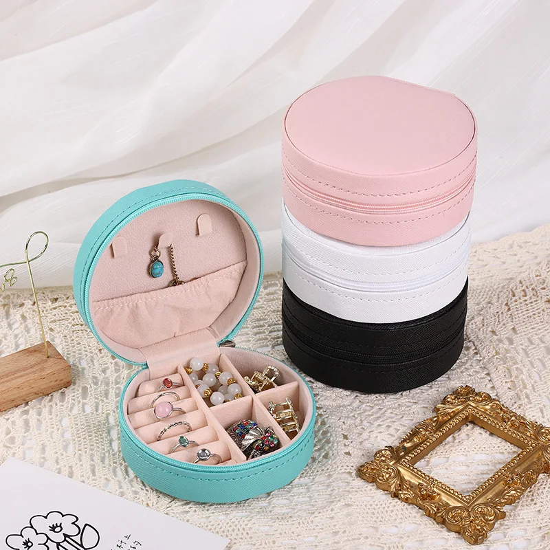 Portable Round Jewelry Box Necklaces Earrings Rings Jewelry Organizer Display Travel Jewelry Case Boxes Pu Leather Storage Box