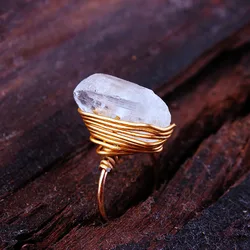 Natural Transparent Crysral Quartz Ring Raw Wand Copper Wire Twine Adjustable Ring Handmade Point Stone Witchcraft Woman Jewelry