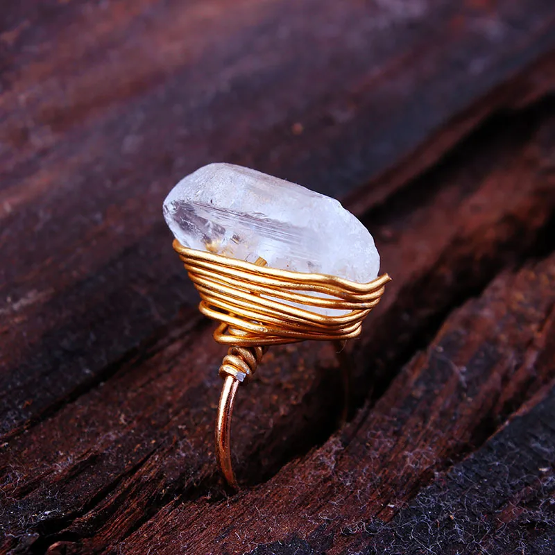 Natural Transparent Crysral Quartz Ring Raw Wand Copper Wire Twine Adjustable Ring Handmade Point Stone Witchcraft Woman Jewelry