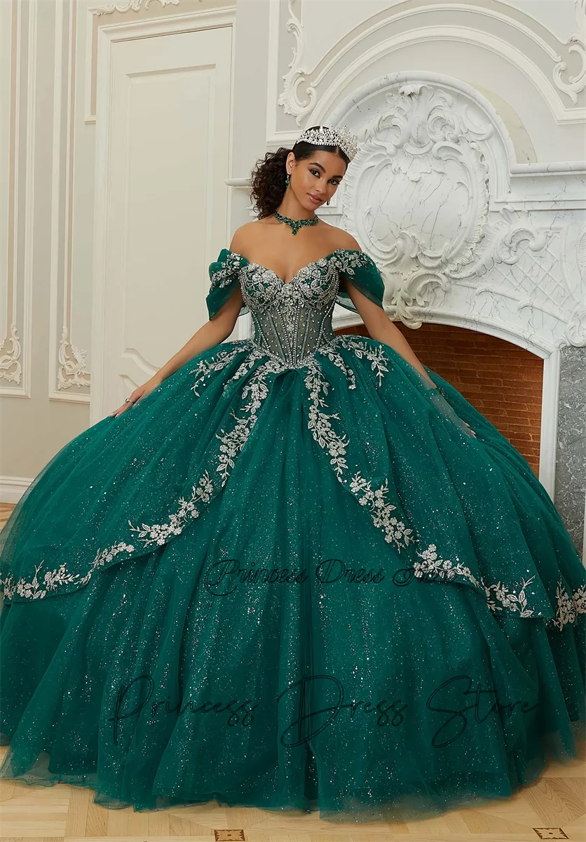 

Glitter Emerald Princess Ball Gown Quinceanera Dresses Beads Lace Appliques Crystals Beads Wedding Gown PromParty Sweet 16 Dress