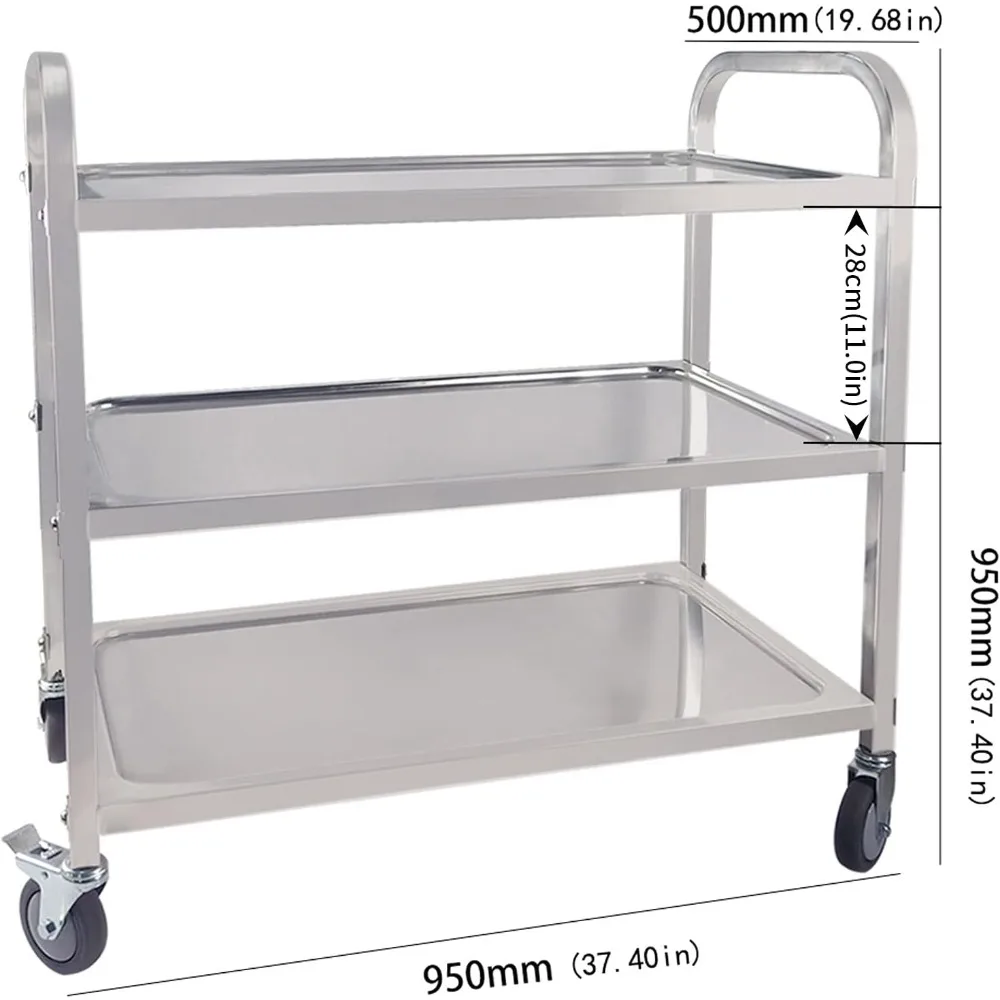 3-Tier Utility Cart Wheels Kitchen Island Stainless Steel Trolley Serving Cart 300 lbs Capacity Catering Storage Shelf Locking