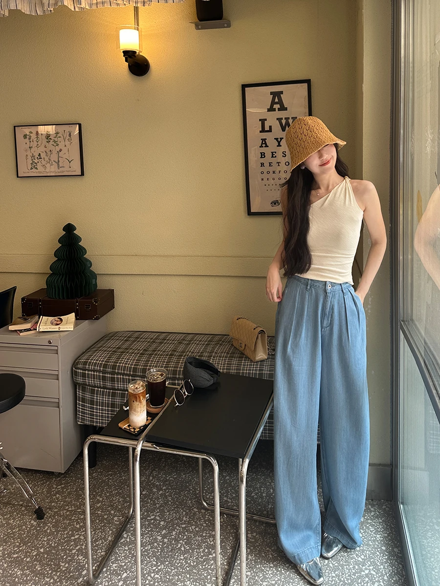 

GLAB Summer Thin Straight Leg Denim Pants Wide Leg Cool Lazy Sle Conceal Meat High Waist Long Cool Pants