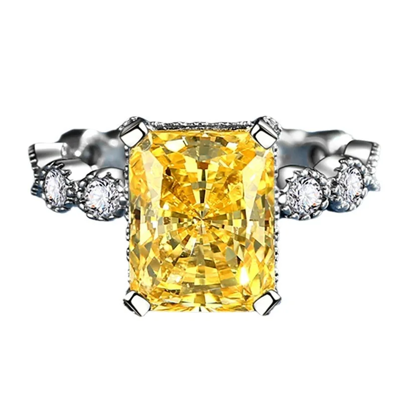 LENNIK Color Diamond S925 Silver Yellow Diamond Ring Ladies Ice Flower Cut 8A Zircon Proposal Ring