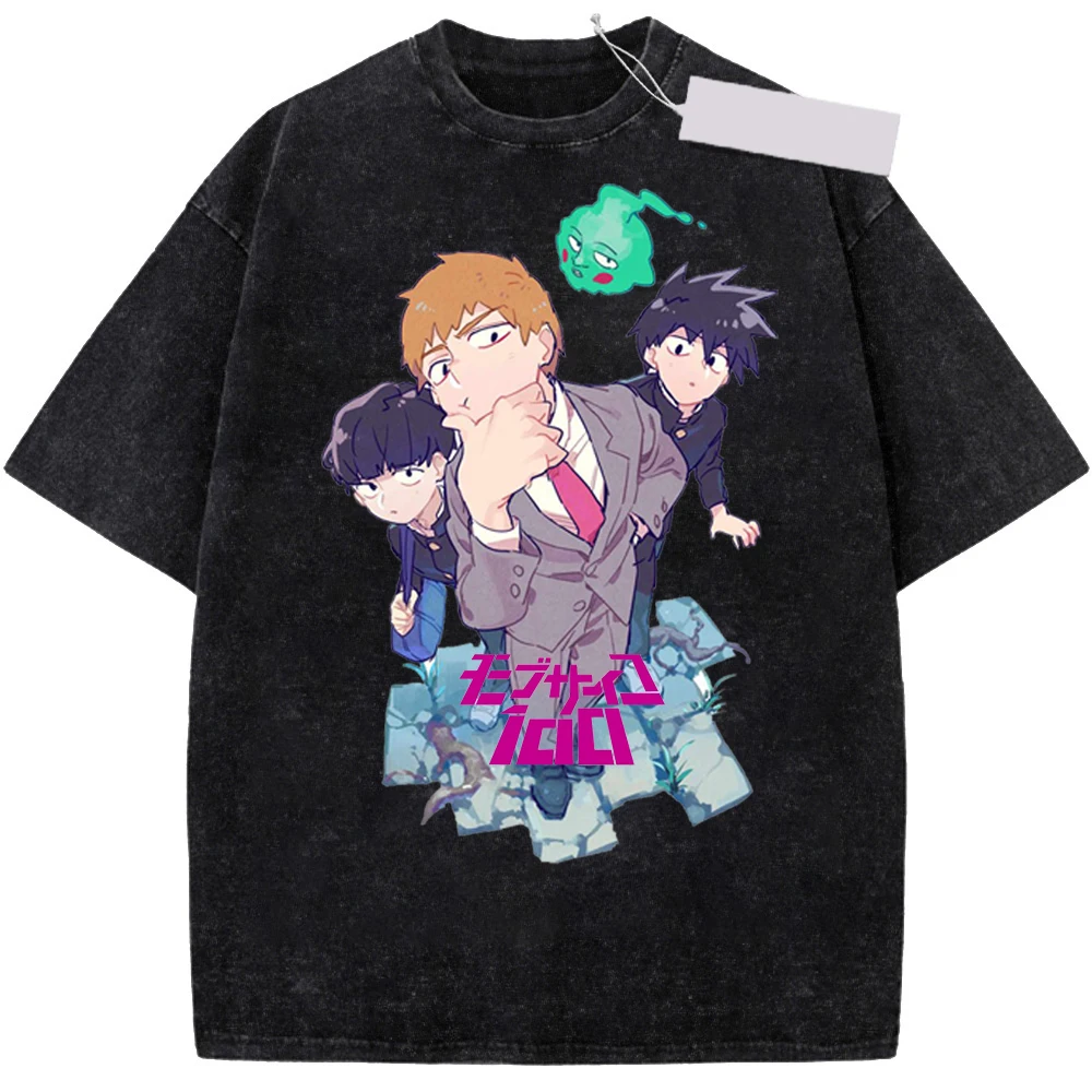 Anime Mob Psycho Vintage Washed Tshirt Unisex Streetwear Harajuku Graphic T-Shirt Cotton Casual T shirt Oversized Short Sleeve view 2