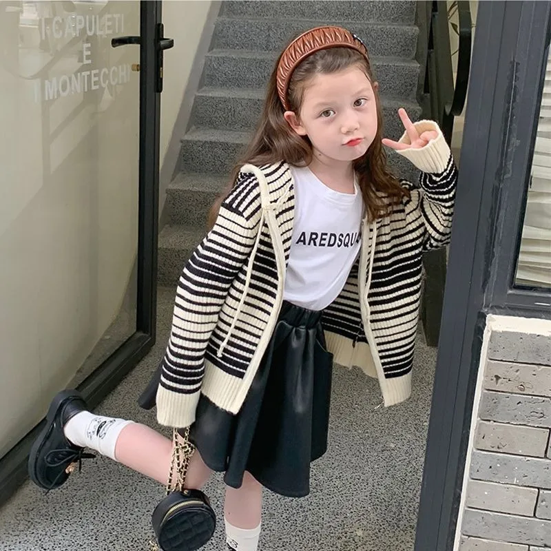 

Kids' Girls' Zip-Up Hoodie 2025 Spring Autumn New Stylish Korean Striped Knit Sweater Cardigan