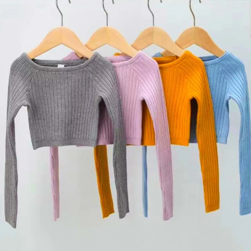 Baby Girl Sweater Off Shoulder Solid Color Spring Autumn Winter Kids Teens Child Dance Knitted Pullover Top Baby Clothes 3-16Y