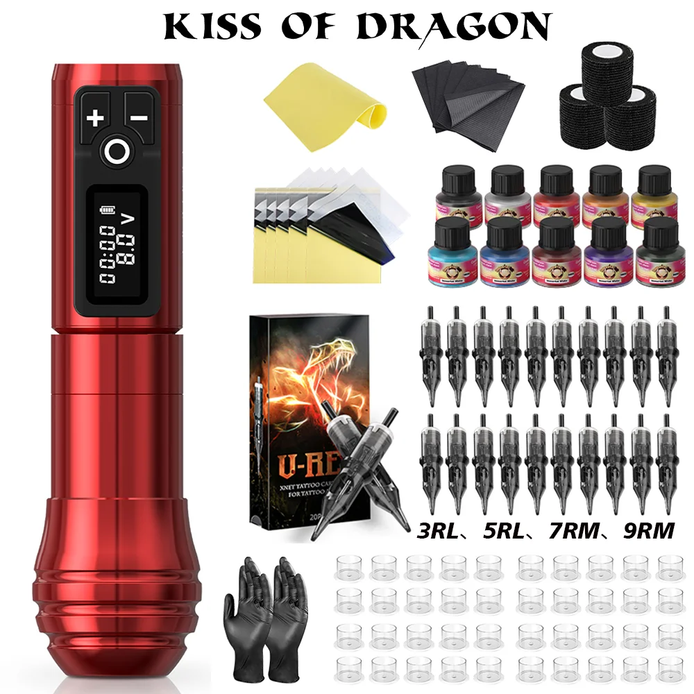 

Wireless Tattoo Machine Pen Kit 7 Adjustable Stroke OLED Display Cartridge Tattoo Needle and Ink Tattoo Machine Kit Complete