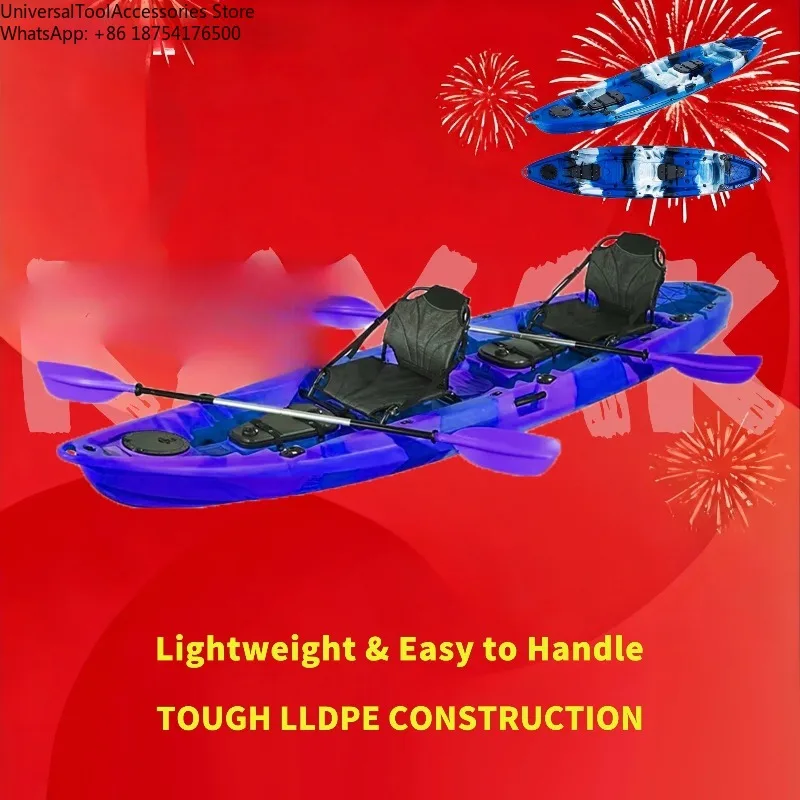 2 Seater Rotomolded Plastic Kayak Boat, Fishing Canoe with Chair Back Seat & Rod Holder for Lake River Recreation