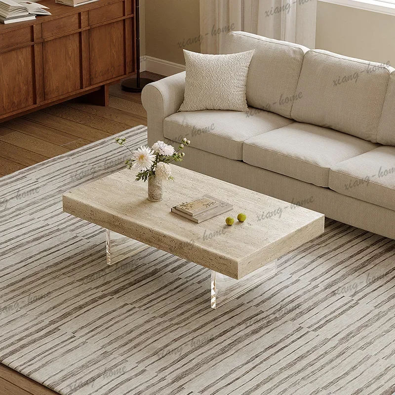 Wabi-Sabi Travertine Coffee Table, Modern Minimalist Tea Table for Home&Guesthouse, Heat & Scratch Resistant, Artisan Customize