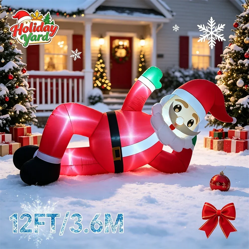 12 FT Christmas Inflatable Model Lying Santa Blow Up Yard Decoration Built-in LED Lights for Outdoor Holiday Party Yard Decor