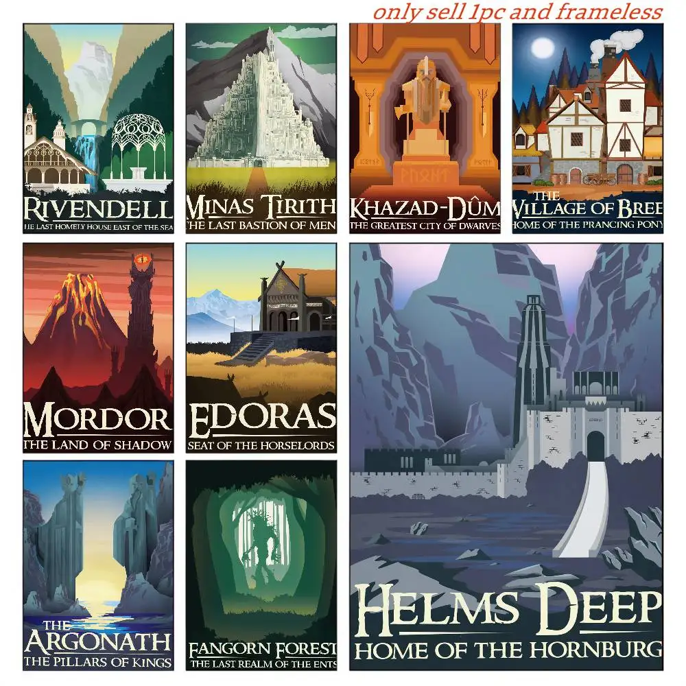 Abstract Ring Art Retro Travel Poster Canvas Painting Vintage Film Mordor Castle Lord Magic Wall Prints Room Home Decor Picture
