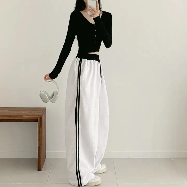 Daily Home Sweatpants Lady High Street Trousers Women Black Striped High Waisted Leisure Female Chic Concise Wide Leg Pants 2025