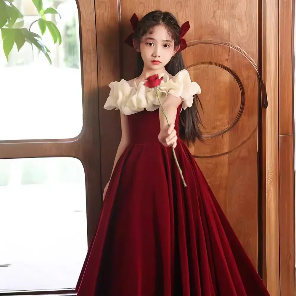 

Children's dress Red Flower Child Wedding Little girl Birthday party Girl Princess dress High-end host piano costume