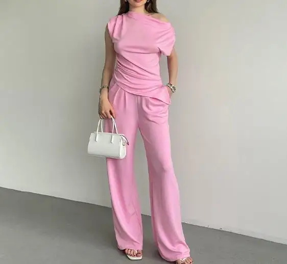 Комплект из двух предметов, женский наряд, весна 2024, новый однотонный комплект без рукавов с наклонным воротником и неровным подолом, топ и карман, прямые брюки