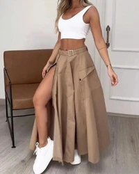 Women's Summer Dress Solid Color Fashion Workwear Pocket Adjustable Belt Zipper High Opening Maxi A-Line Skirt