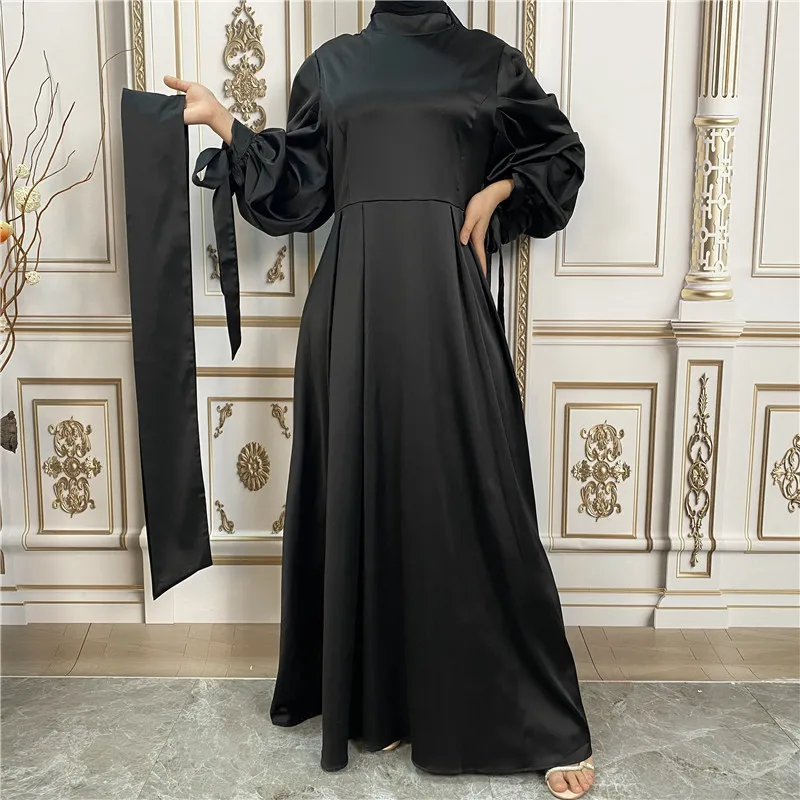 Simple Muslim Dress Satin Lace-up Sleeves Elegant Abayas for Women Kaftan Casual Dubai Abaya Women Clothes Solid Lace-up Dress