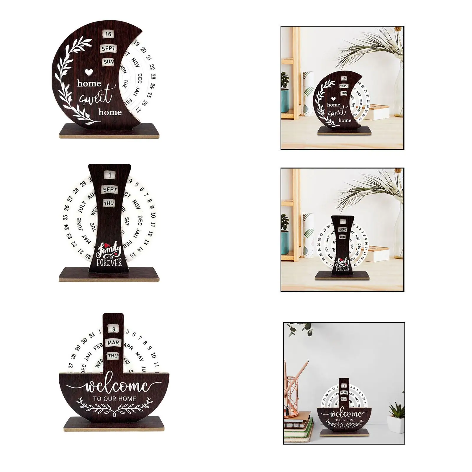 Wooden Disc Perpetual Desk Calendar Reusable Yearly Rotatable Tabletop Ornament for Table School Restaurant Cafe Birthday Gift