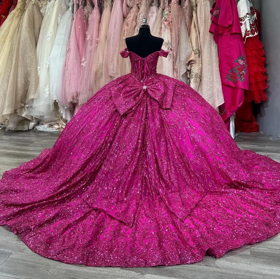 Fuchsia Purple Sparkly Princess Quinceanera Dresses Off Shoulder Gillter Crystal Sequins Prom Sweet 15 vestidos de cerimonia