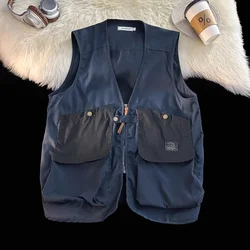 Japanese Men's Autumn 2024 New Patchwork V-neck Zippered Pocket Fashion Solid Colo Loose Sports Versatile Sleeveless Vest Jacket
