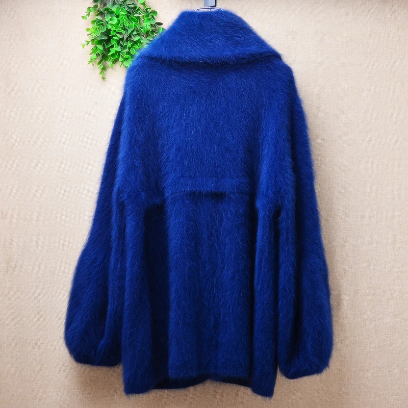 Female Women Fall Winter Clothing Blue Hairy Mink Cashmere Knitted Long Sleeves Turn-Down Neck Loose Cardigans Sweater Jacket