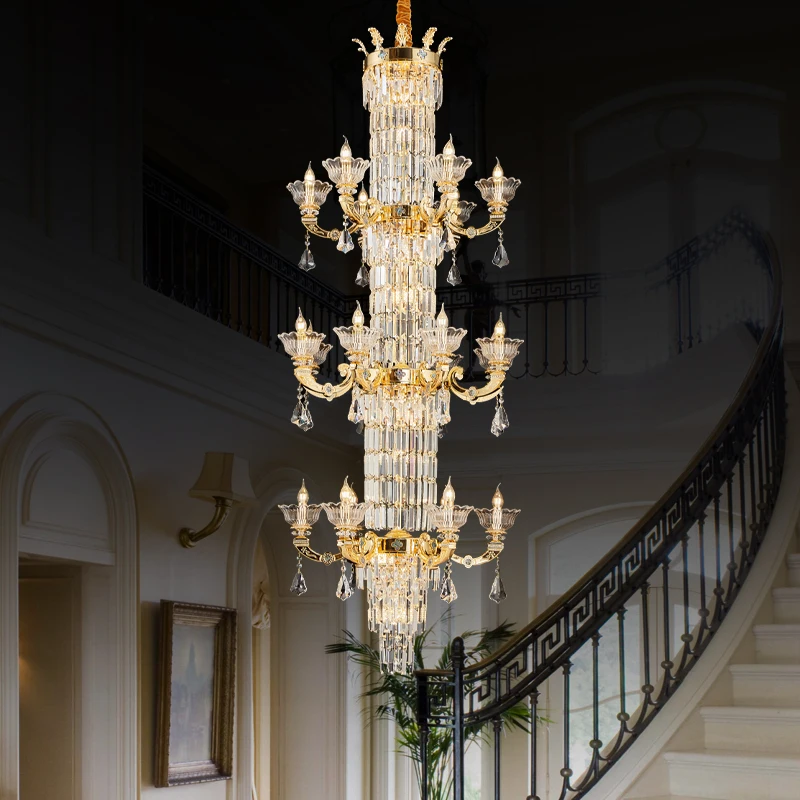 French Luxury Hotel Villa Duplex Large Chandelier European Classic Living Room Staircase Brass Crystal Pendant Light