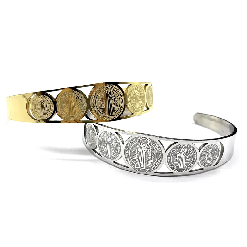 الكاثوليكية سانت بنديكت سوار قابل للتعديل للنساء الرجال الفولاذ المقاوم للصدأ الذهب اللون سان بينيتو سلسلة اليد الدينية مجوهرات