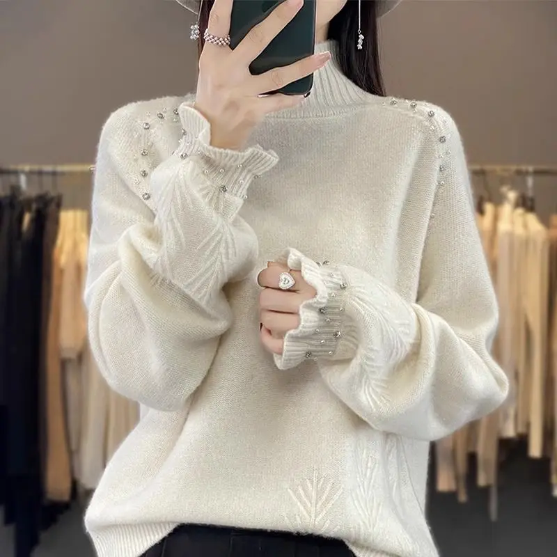 

Women's High Neck Beaded Princess Sleeve Knit Sweater Loose Lazy Pullover Base Layer Autumn Winter Tops