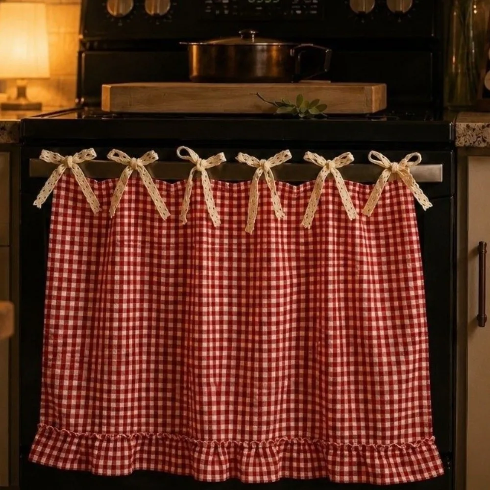 Durable Xmas Oven Decor Curtain Printed Pattern Christmas Tree Appliance Cover Bow Plaid Kitchen Decor Protective Curtain