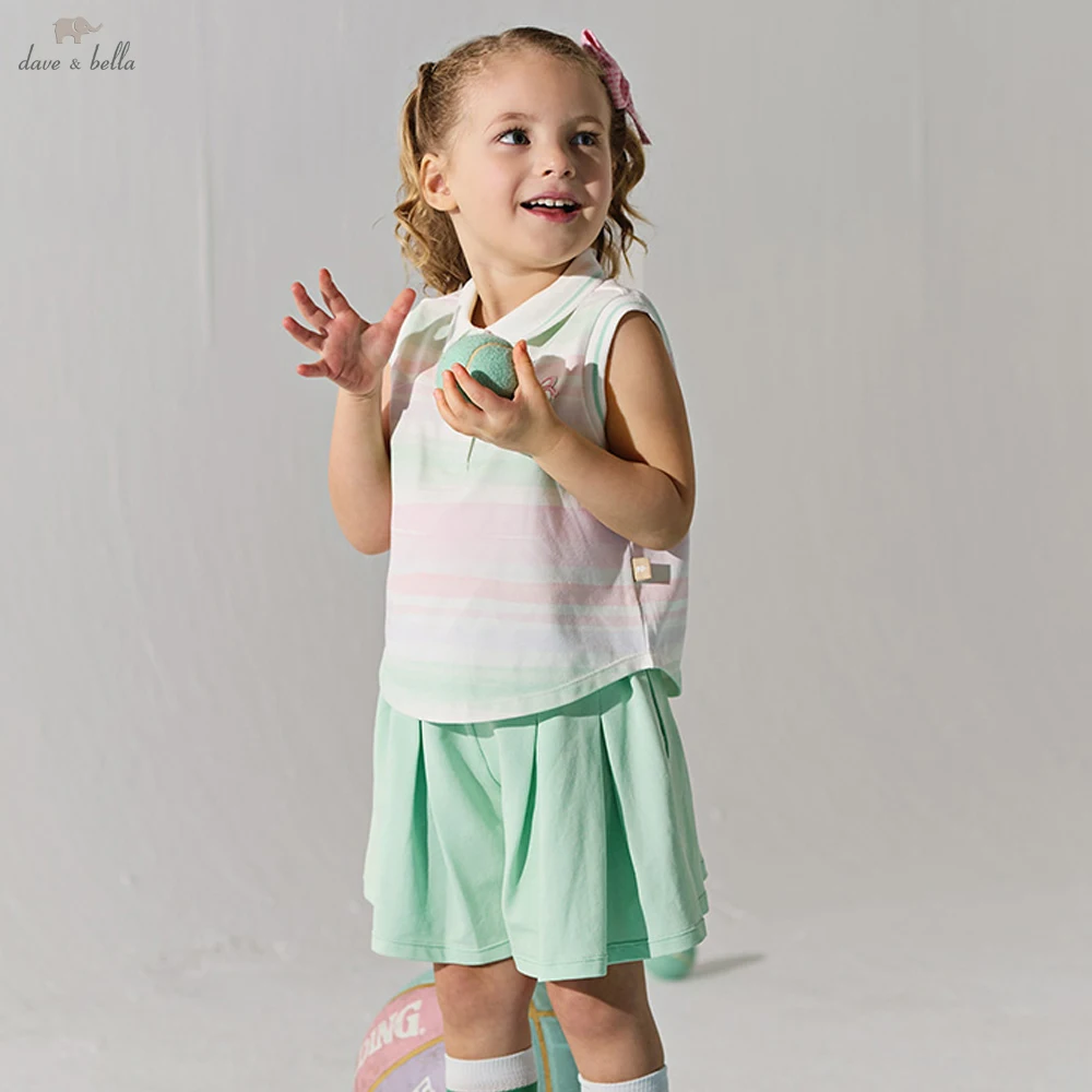 Dave Bella Girls Summer 2PCS Set Sleeveless Pullover Blouse Shorts Suits Childern Printed Tops Culottes Clothing Sets DB2262203