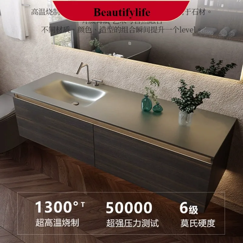 

F185 Italian Style Light Luxury Rock Board Hot Bending Integrated Basin Smart Bathroom Cabinet Combination Wash Basin Washstand