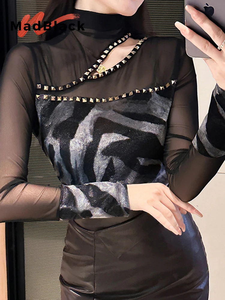 

MadBlack-Women European Velvet T-Shirt, Sexy Mock Neck Leopard Beading, Fashion Long Sleeve Slim S-3XL Tee, 2025 Autumn T5O665CC