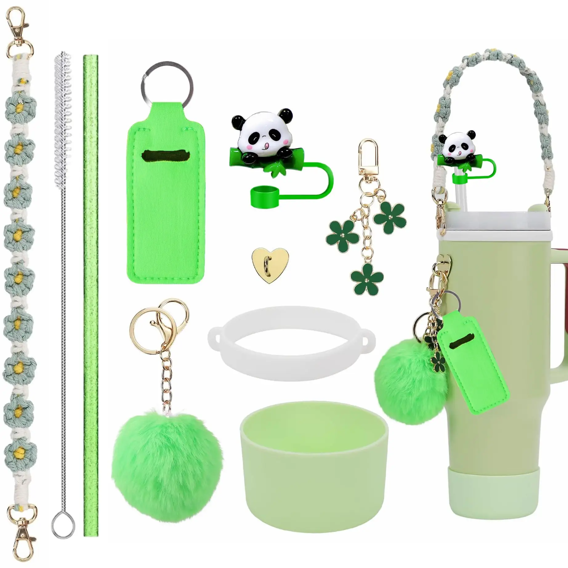 Decorative Accessories Stylish Cup Cover, Bamboo Panda Straw Cap, Unique Straw Lipstick Cover, Keychain & Floral Pendant Set - P