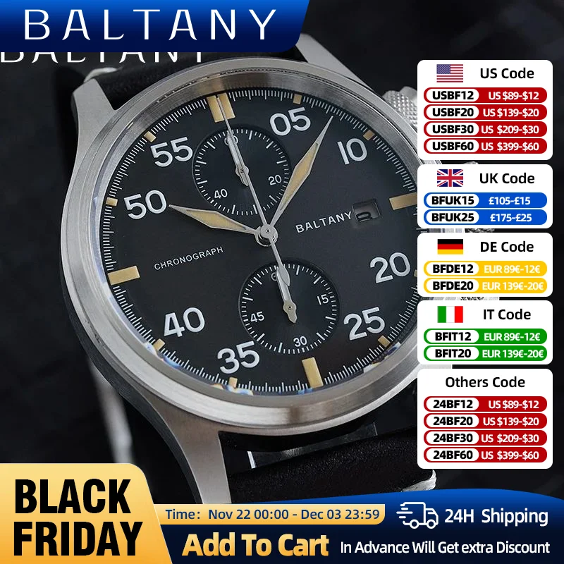 Baltany Solar Vintage Military Wristwatches Sapphire Luminous Leather 10ATM Stainless Steel Pilot Calendar Chronograph Watches