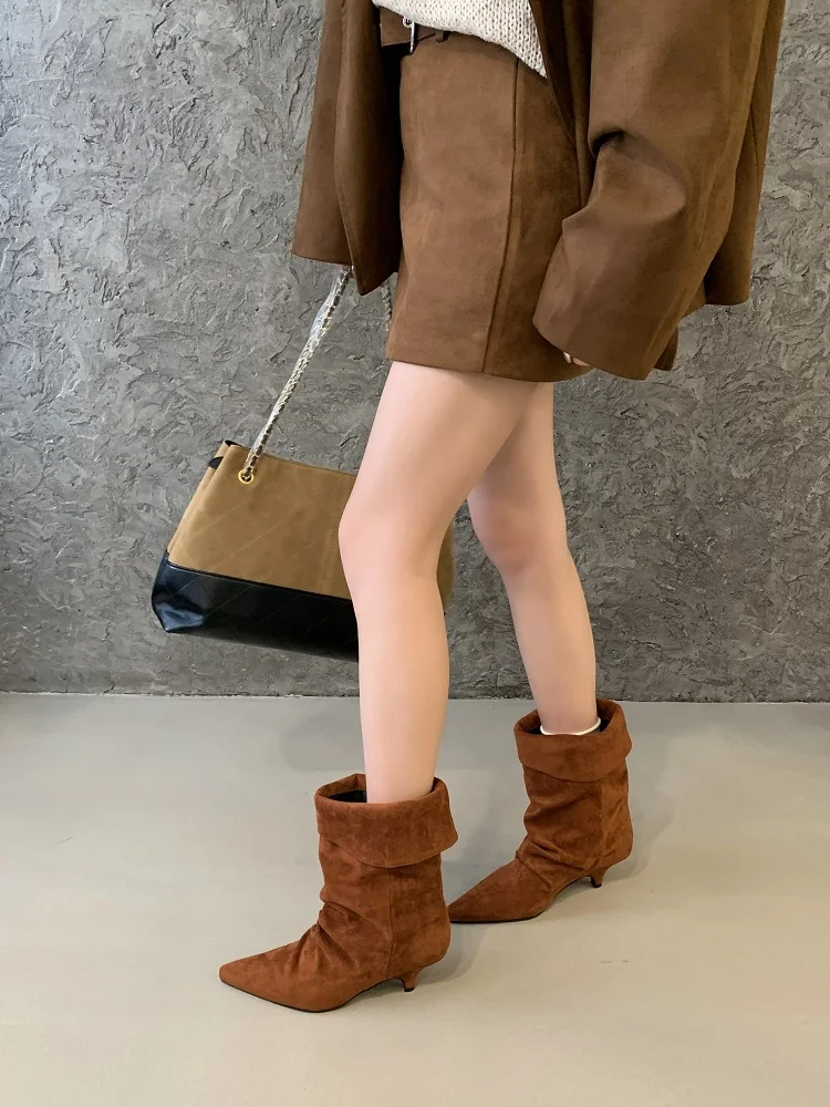 Eilyken concepteur retourné sur bord bout pointu femmes bottines chaussures Style De rue mince talons bas Zapatos De Mujer