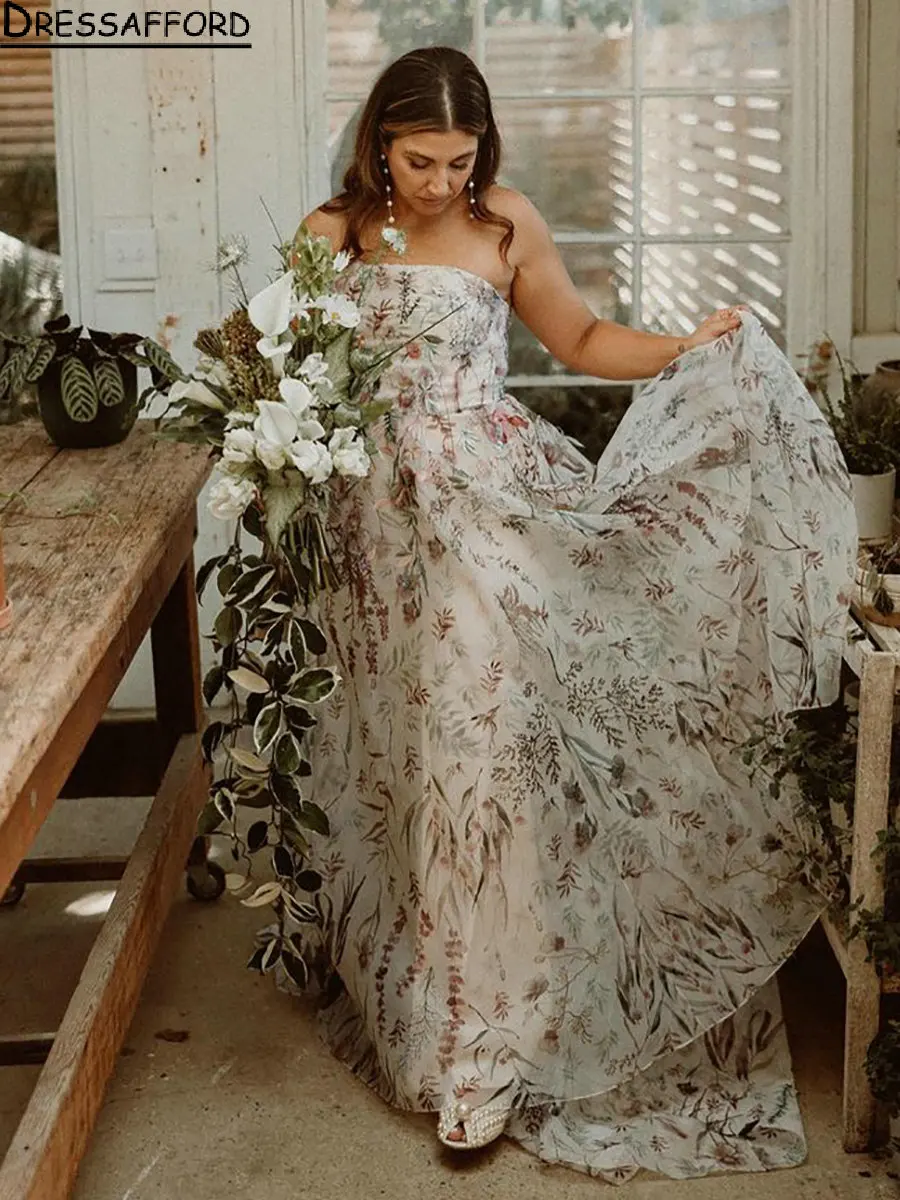 Bohemian Strapless Floral Print A-Line Wedding Dresses Sleeveless Bridal Gowns Vestidos De Novia