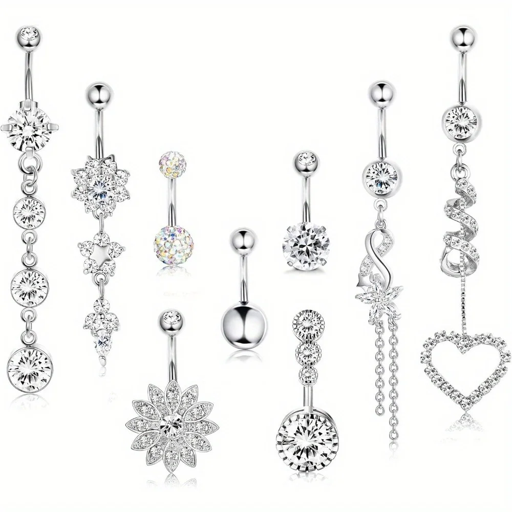 

Florideco 1Pc Belly Button Rings Dangle Navel Rings Barbell CZ Inlaid Belly Button Rings Surgical Steel Body Jewelry Piercing