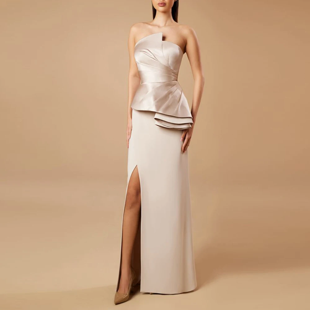 

Customized Satin Fashion High Quality Strapless Long Straight Slit Prom Dresses Floor-Length Evening Cocktail Party Dresses