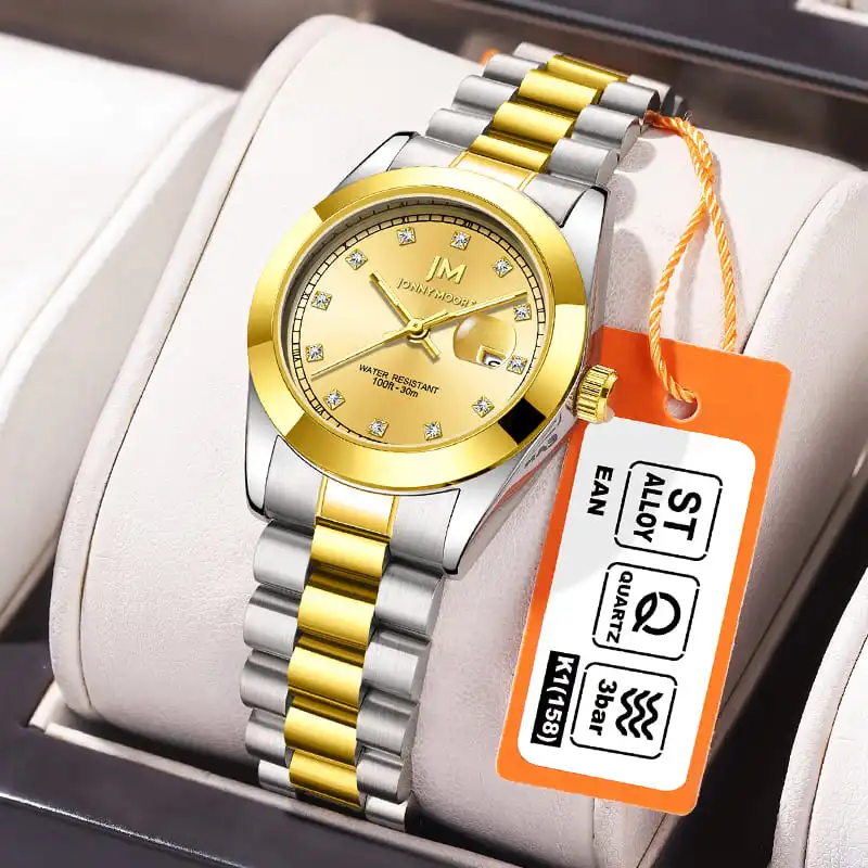 

JONNY MOORE J1039 Модные роскошные кварцевые часы со стальной полосой и инкрустацией бриллиантами Водонепроницаемые часы с календарем и бриллиантами для женщин