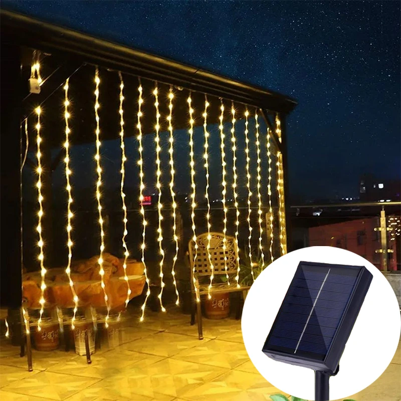 

LED Solar Curtain Light,8 Modes,3m/6m Waterfall Fairy Light Wedding Patio Fence Gazebo Wall Outdoor Garden Christmas Decoration