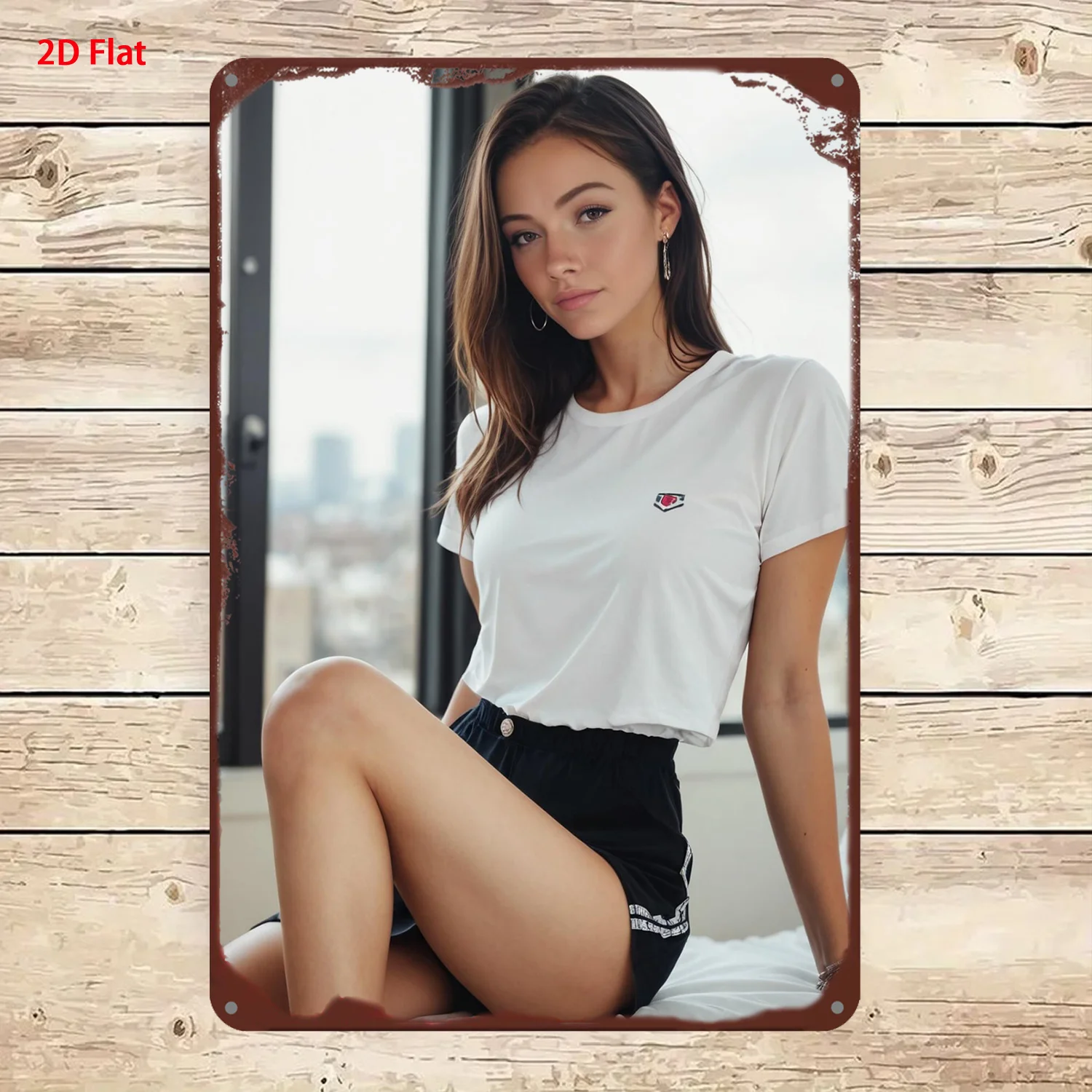Vintage Rusty Metal Tin Sign, European Girl White T‑Shirt City View Indoor Wall Decor For Bar Man‑Cave Garage